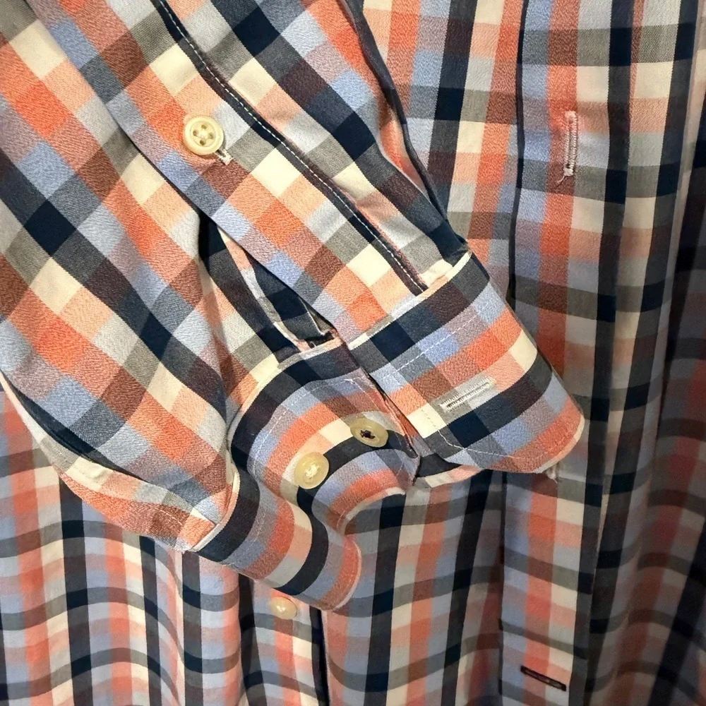Banana Republic Men's Blue and Orange Plaid Non-Iron Shirt